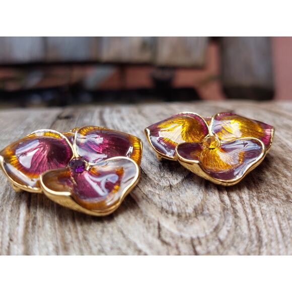 2 Vintage Joan Rivers Rhinestone Pansy Flower Guilloche Enamel Brooches - Picture 4 of 8